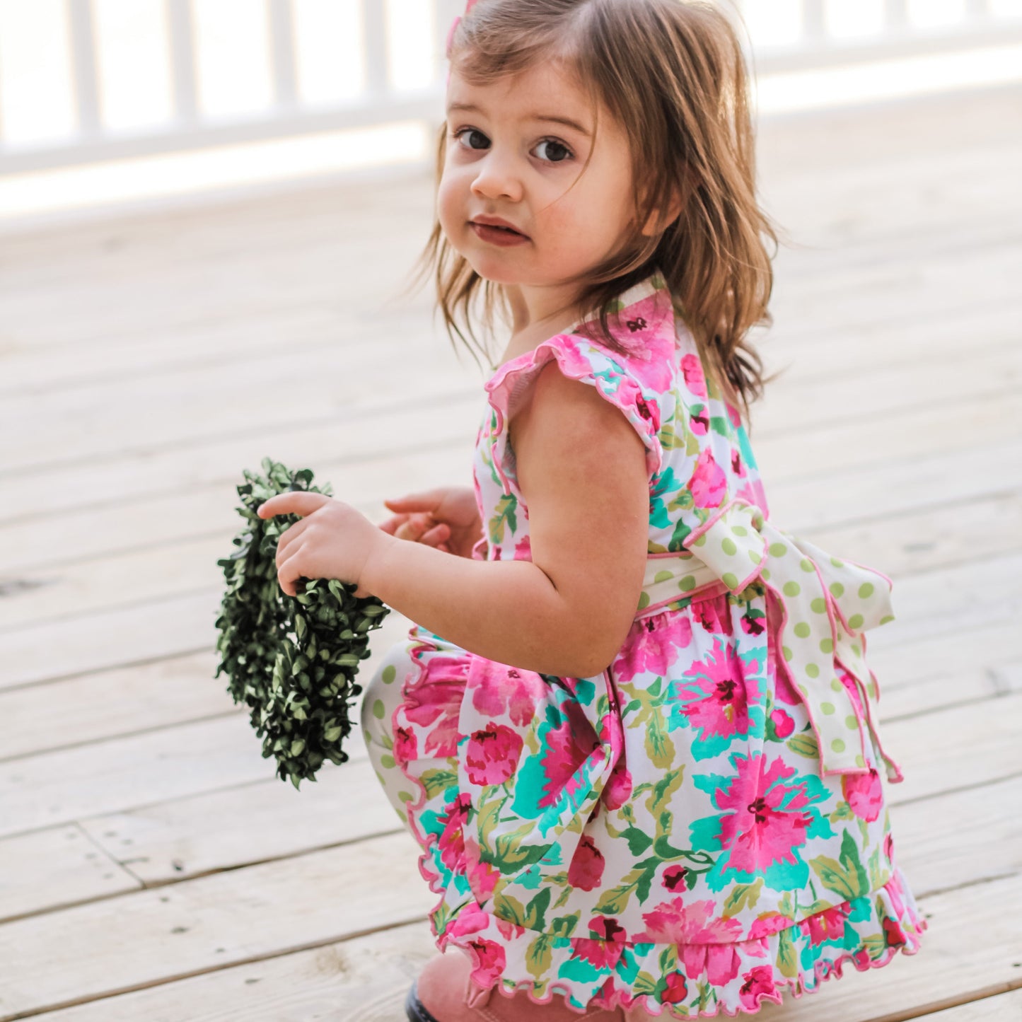 AnnLoren Little Girls Spring Floral Dress Polka Dot Capri Leggings