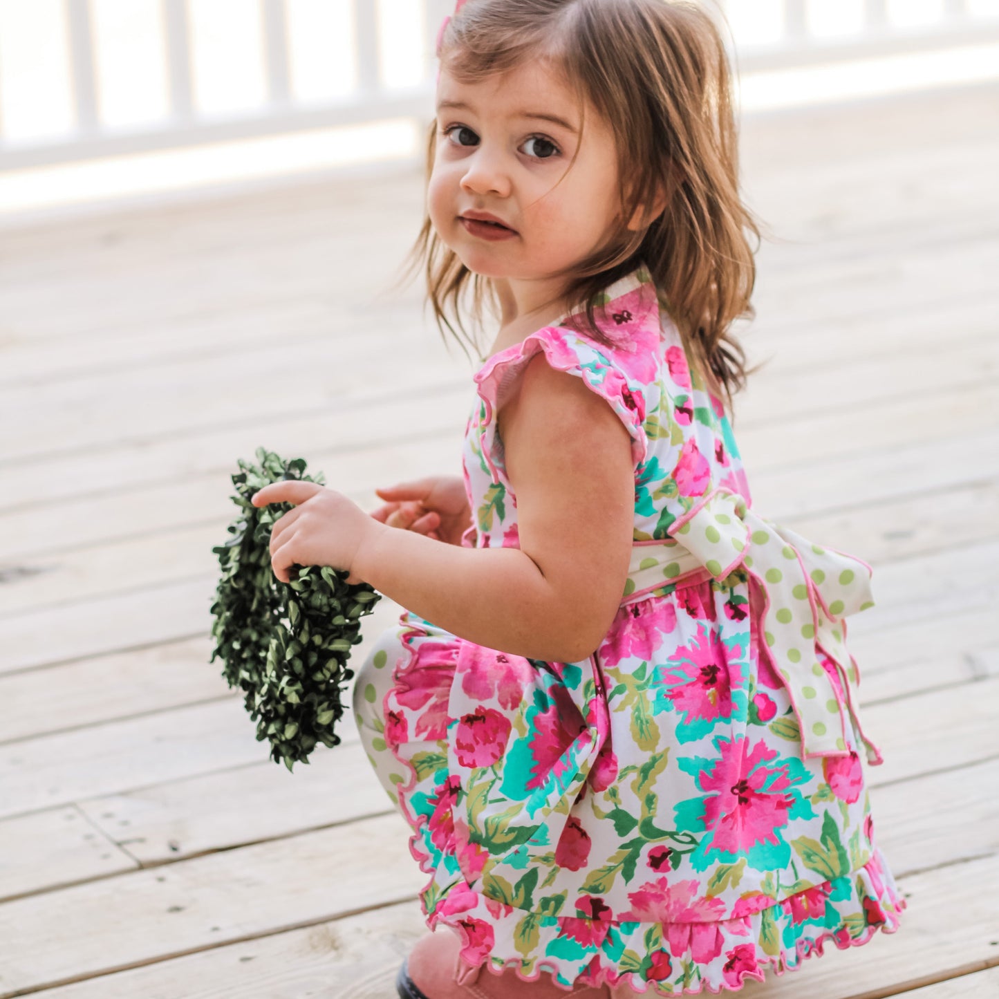 AnnLoren Little Girls Spring Floral Dress Polka Dot Capri Leggings