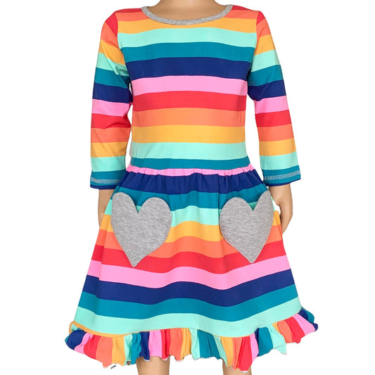 AnnLoren Baby Big Girls Boutique Fall Rainbow Hearts Cotton Winter Dress