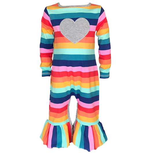 AnnLoren Girls Long Sleeve Rainbow Hearts Baby Toddler Romper One Piece