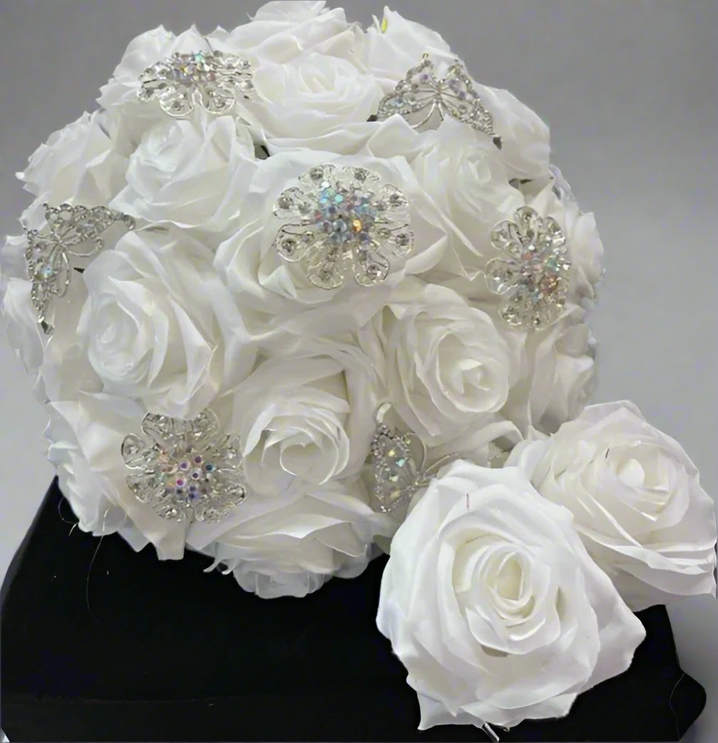 Symmetrical round flower arrangement for traditional milestone event photography sessions.