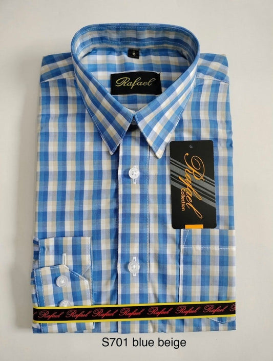 Boys' S-701 Calla Collection casual shirt with collar, blue and white striped fabric, front pocket, and long sleeves.