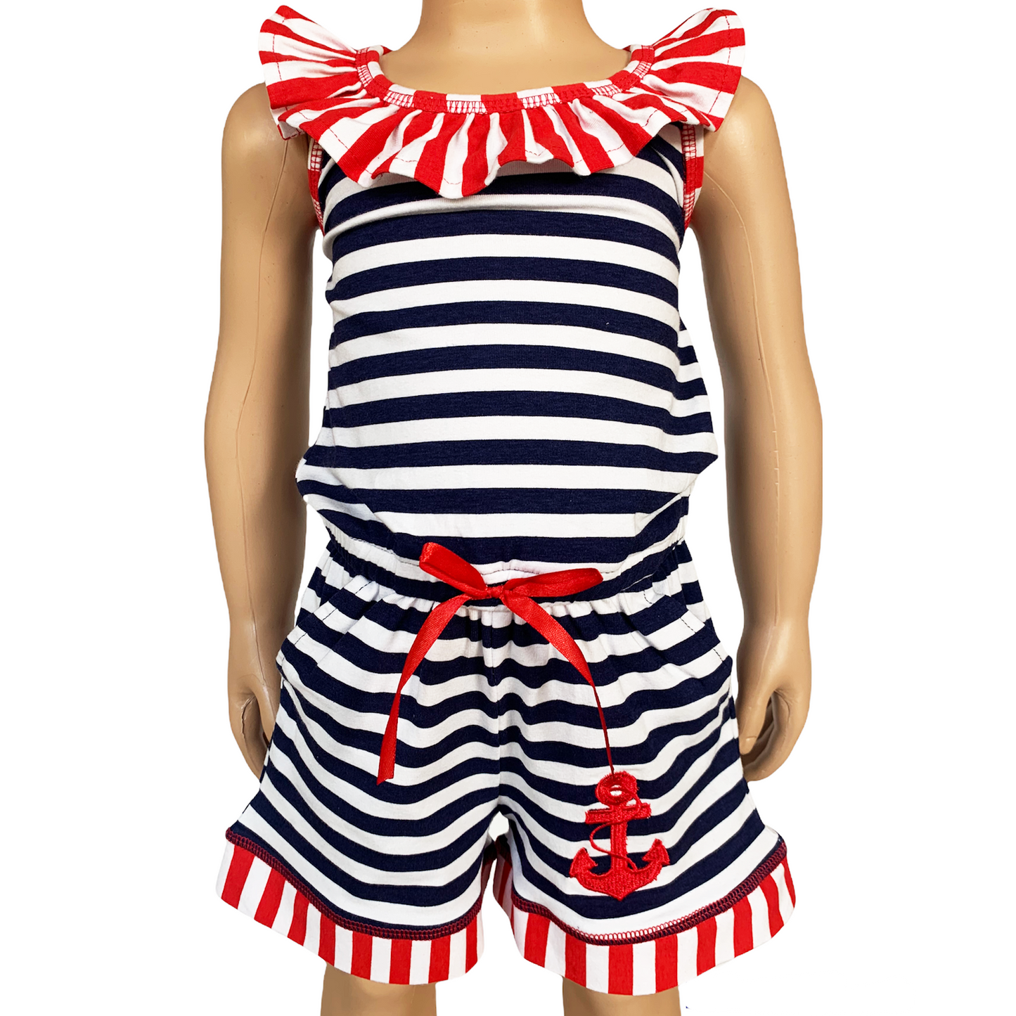 AnnLoren Girls Anchors Away Nautical Jumpsuit Summer Romper
