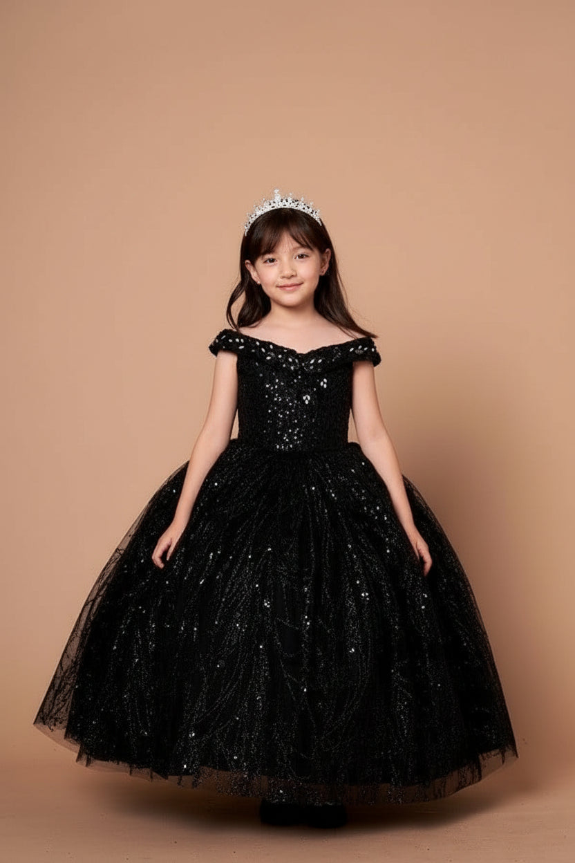 Beautifully tailored off-shoulder neckline treatment framing the upper silhouette with princess-like poise on the Calla Collection SCK-303 gown.