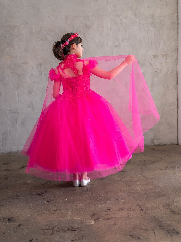 Coordinated flowing presentation cape attached to the reverse side of the Calla Collection SCK-310 formal gown layout.
