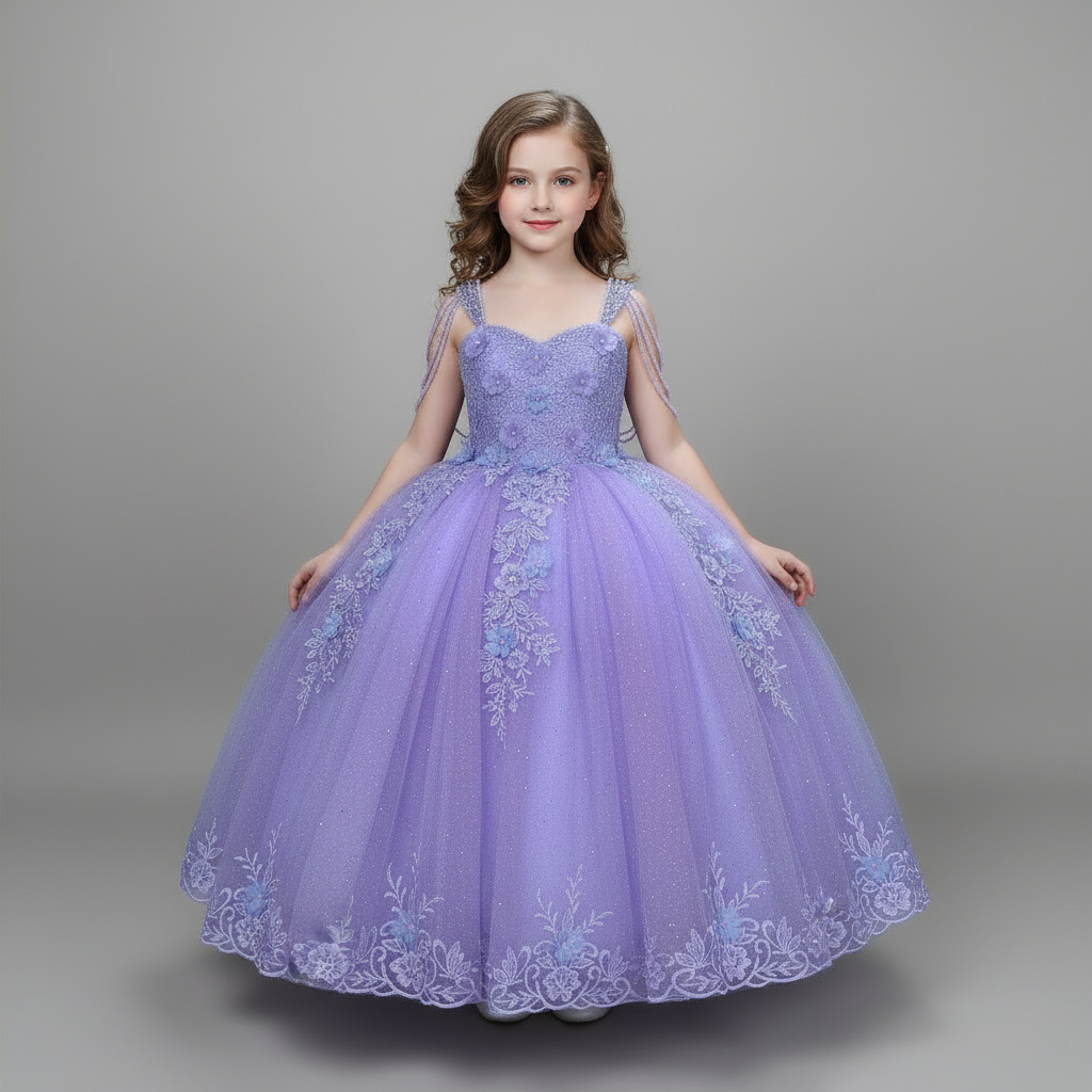 Calla Collection SCK-311 girls special occasion dress showcasing a structured front bodice and elegant cap sleeve profile.