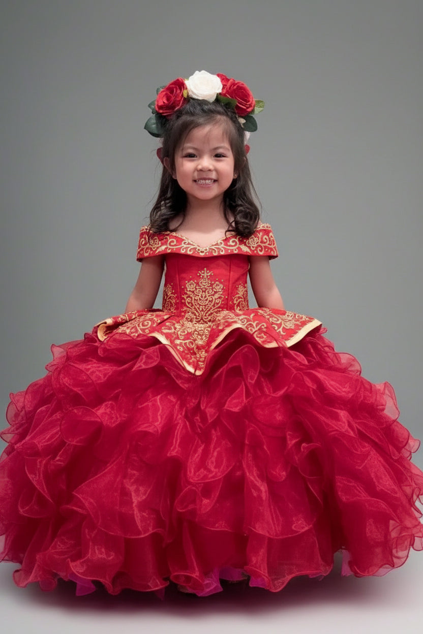 Calla Collection SCK-313 girls special occasion gown showcasing a classic off-shoulder neckline and heritage embroidered bodice.