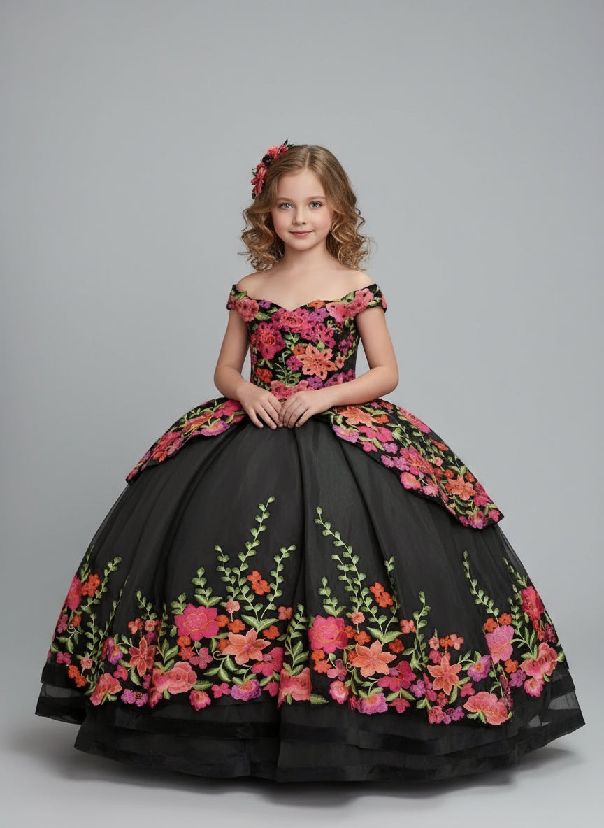 Calla Collection SCK-316 girls mini Quinceanera dress showcasing a structured off-shoulder neckline bodice in soft premium velvet fabric.