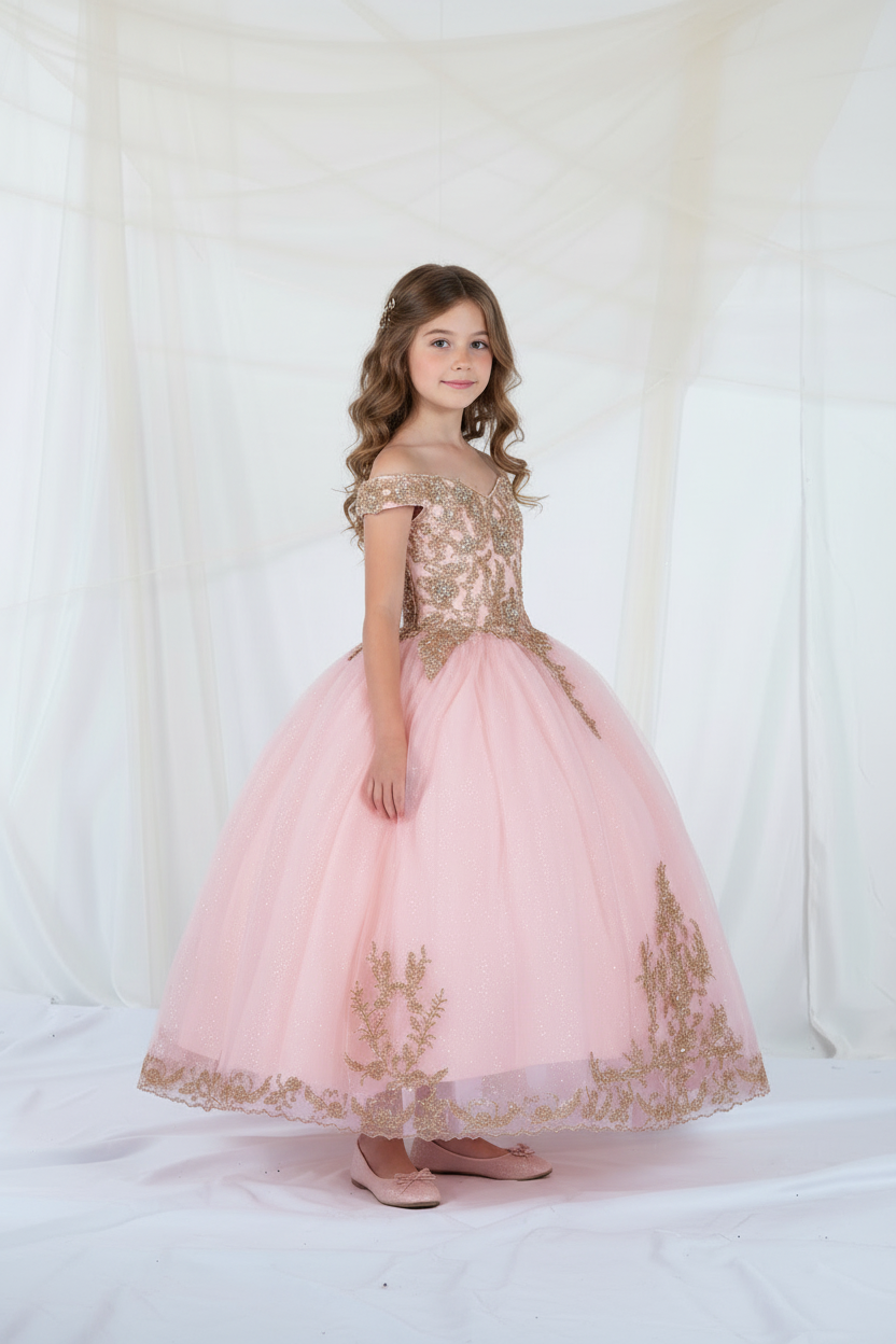 Profile view of the structured natural waistline transitioning into shimmering fabric layers on the Calla Collection SCK-318 youth gown.