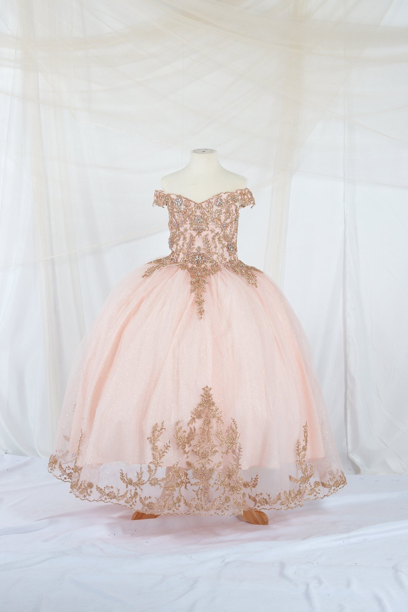 Symmetrical frontal view of the Calla Collection SCK-318 dress highlighting the romantic lace torso and defined waistline.