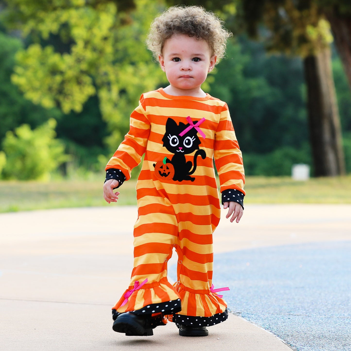 AnnLoren Baby Girls Halloween Sweet Black Cat Orange Cotton Romper