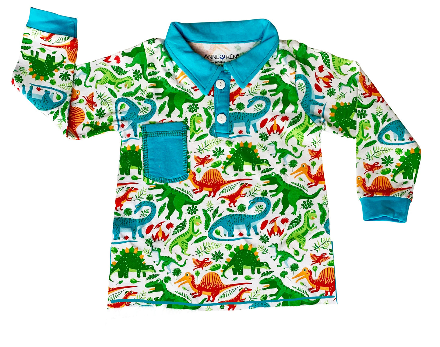AnnLoren Toddler & Big Boys Long Sleeve Polo Shirt with Pocket Dinosaur Print
