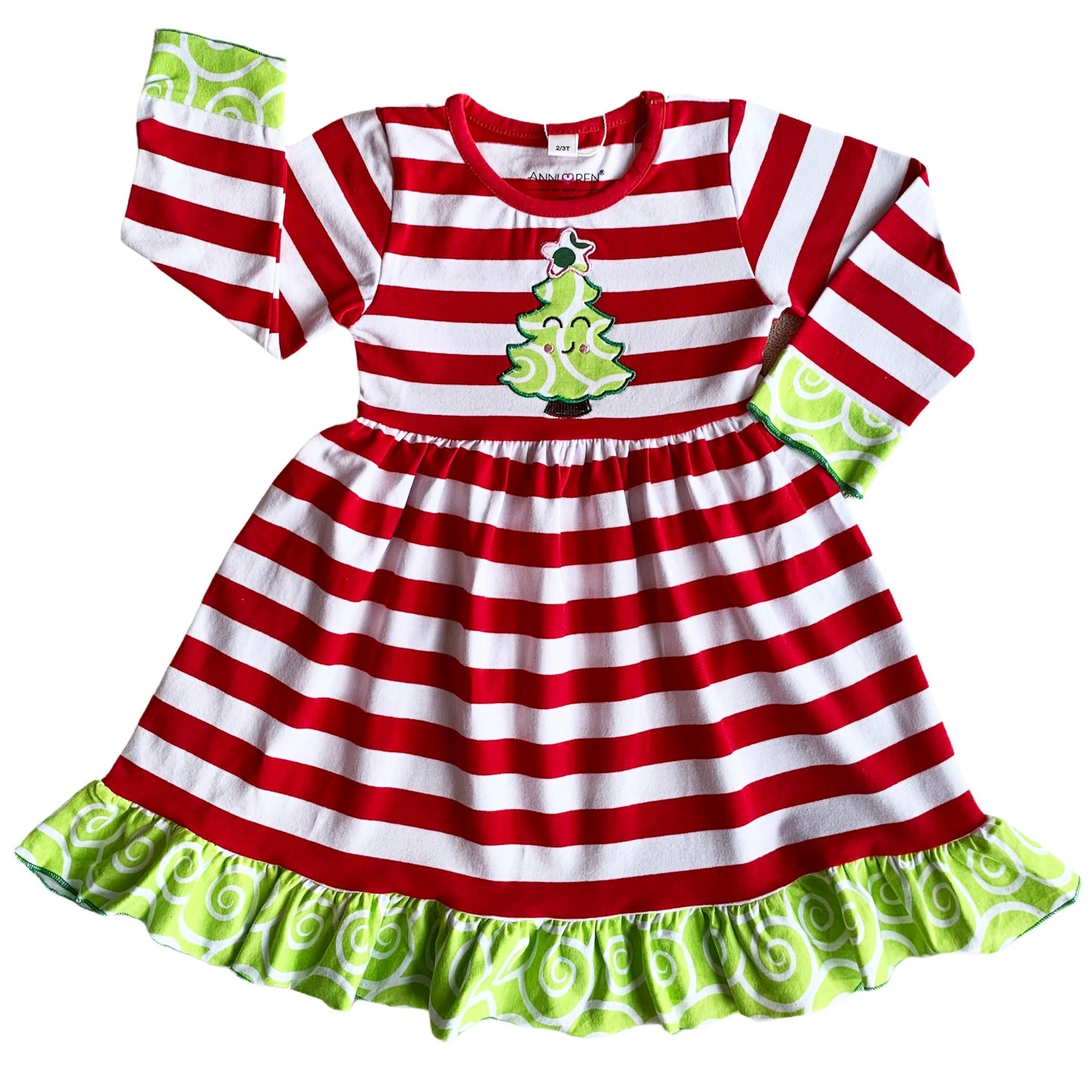 AnnLoren Girls Boutique Candy Cane Red Stripe Christmas Tree Swing Dress