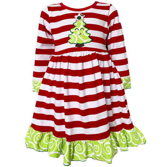 AnnLoren Girls Boutique Candy Cane Red Stripe Christmas Tree Swing Dress