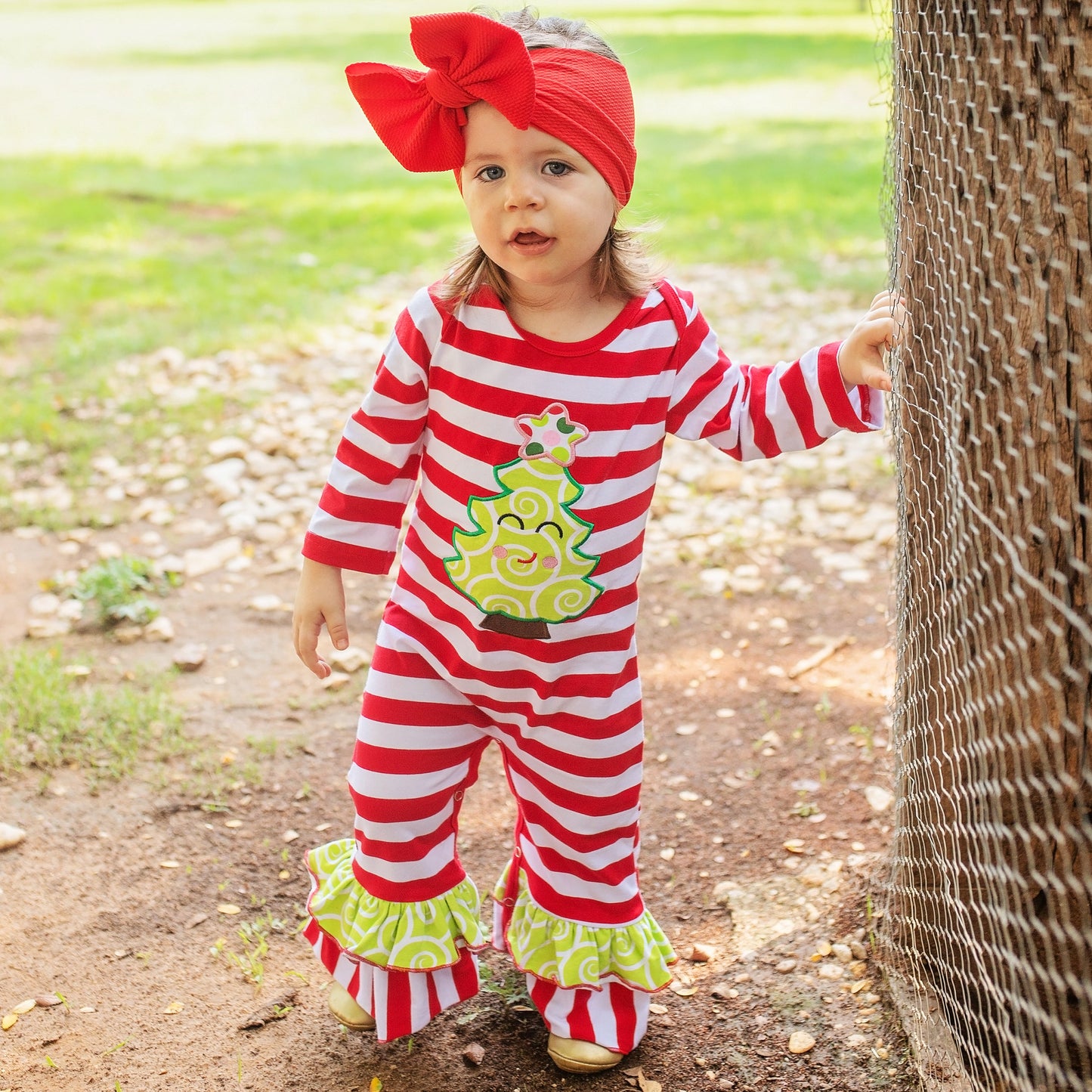 AnnLoren Baby Girls Boutique Happy Christmas Tree Red Striped Romper