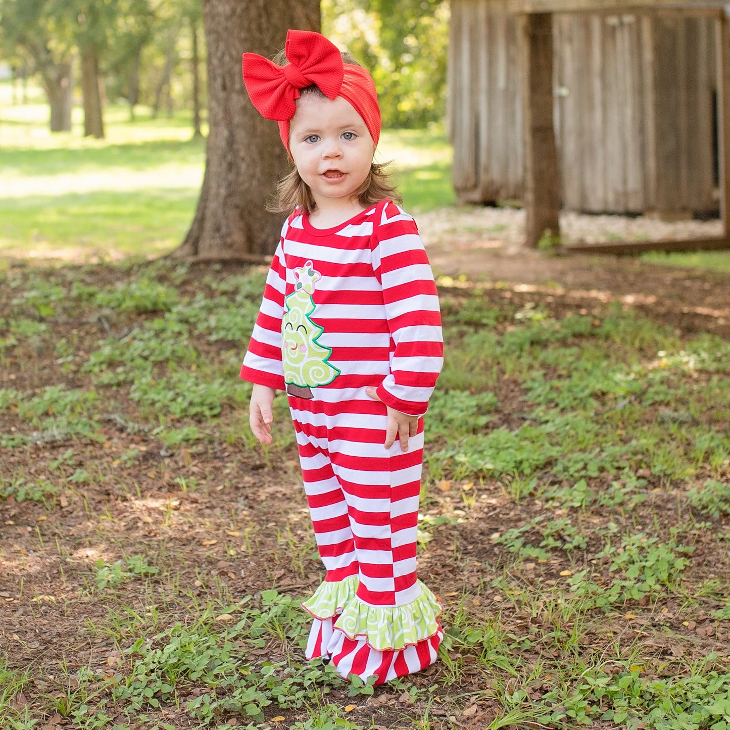 AnnLoren Baby Girls Boutique Happy Christmas Tree Red Striped Romper