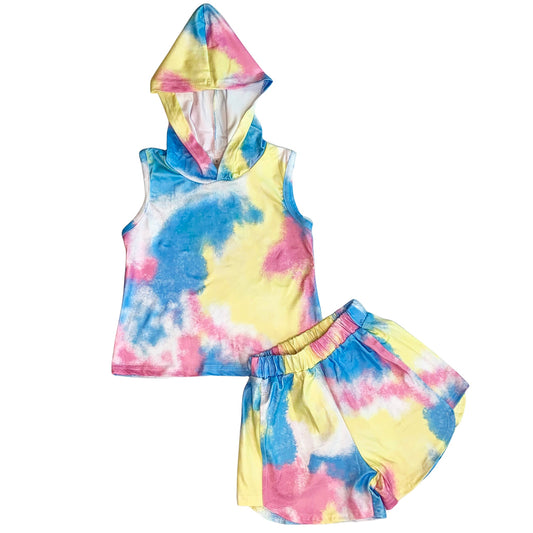 AL Limited Little & Big Girls Pastel Tie Dye Hoodie Top Shorts Camp Outfit