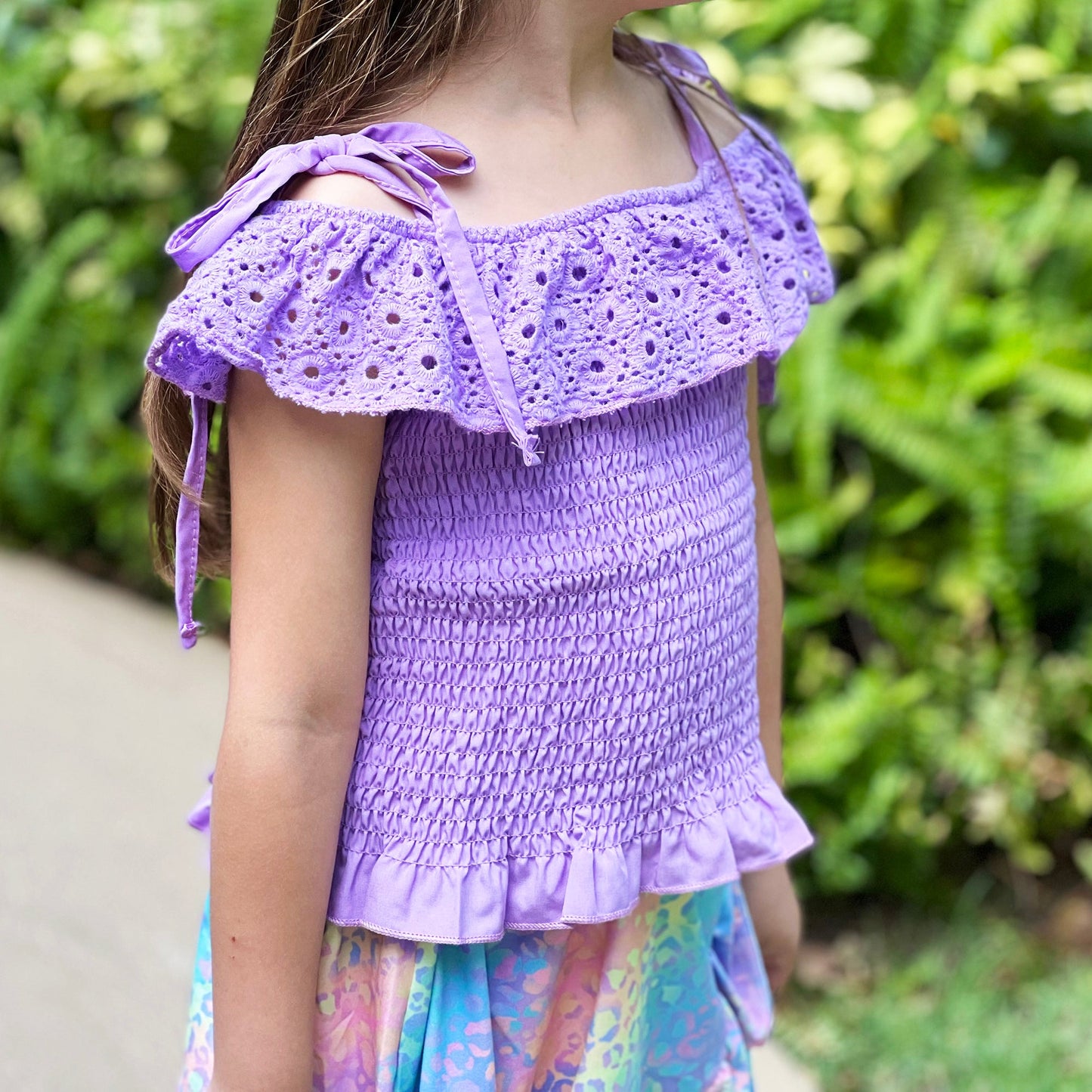 AL Limited Little & Big Girls Purple Eyelet Smocked Top and Tie Dye Skirt