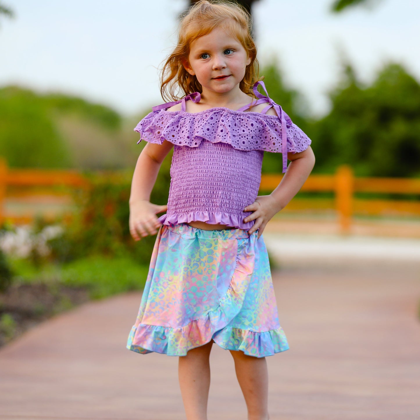 AL Limited Little & Big Girls Purple Eyelet Smocked Top and Tie Dye Skirt