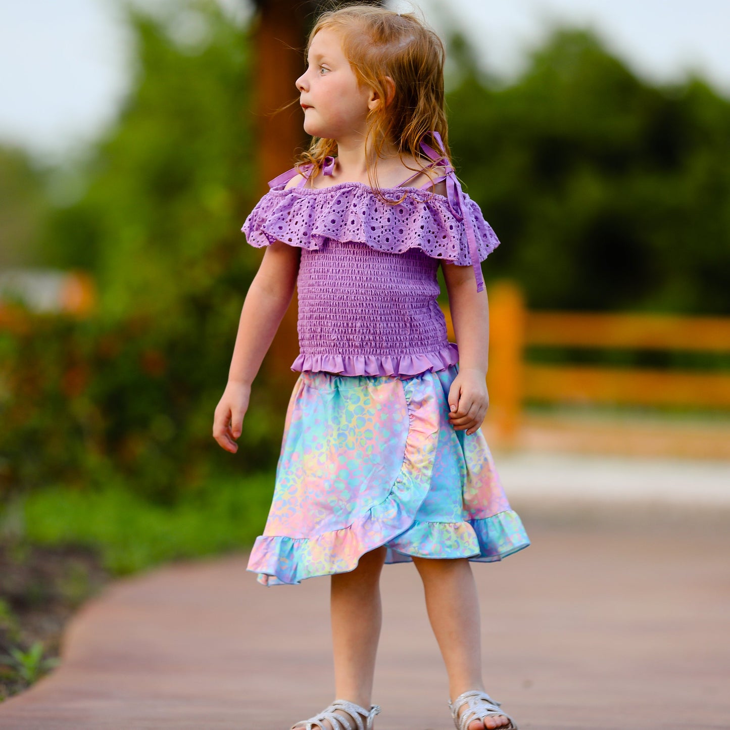 AL Limited Little & Big Girls Purple Eyelet Smocked Top and Tie Dye Skirt