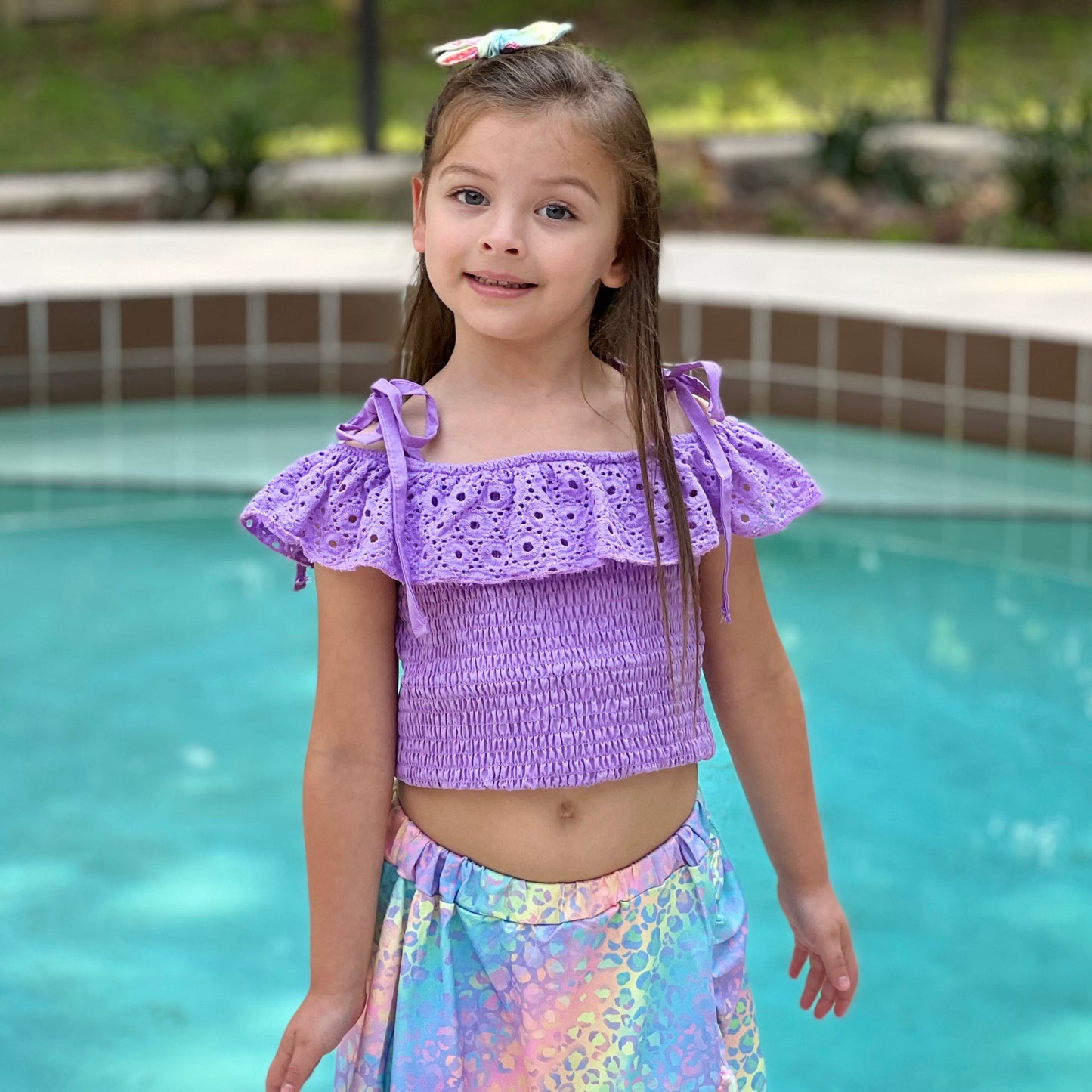 AL Limited Little & Big Girls Purple Eyelet Smocked Top and Tie Dye Skirt
