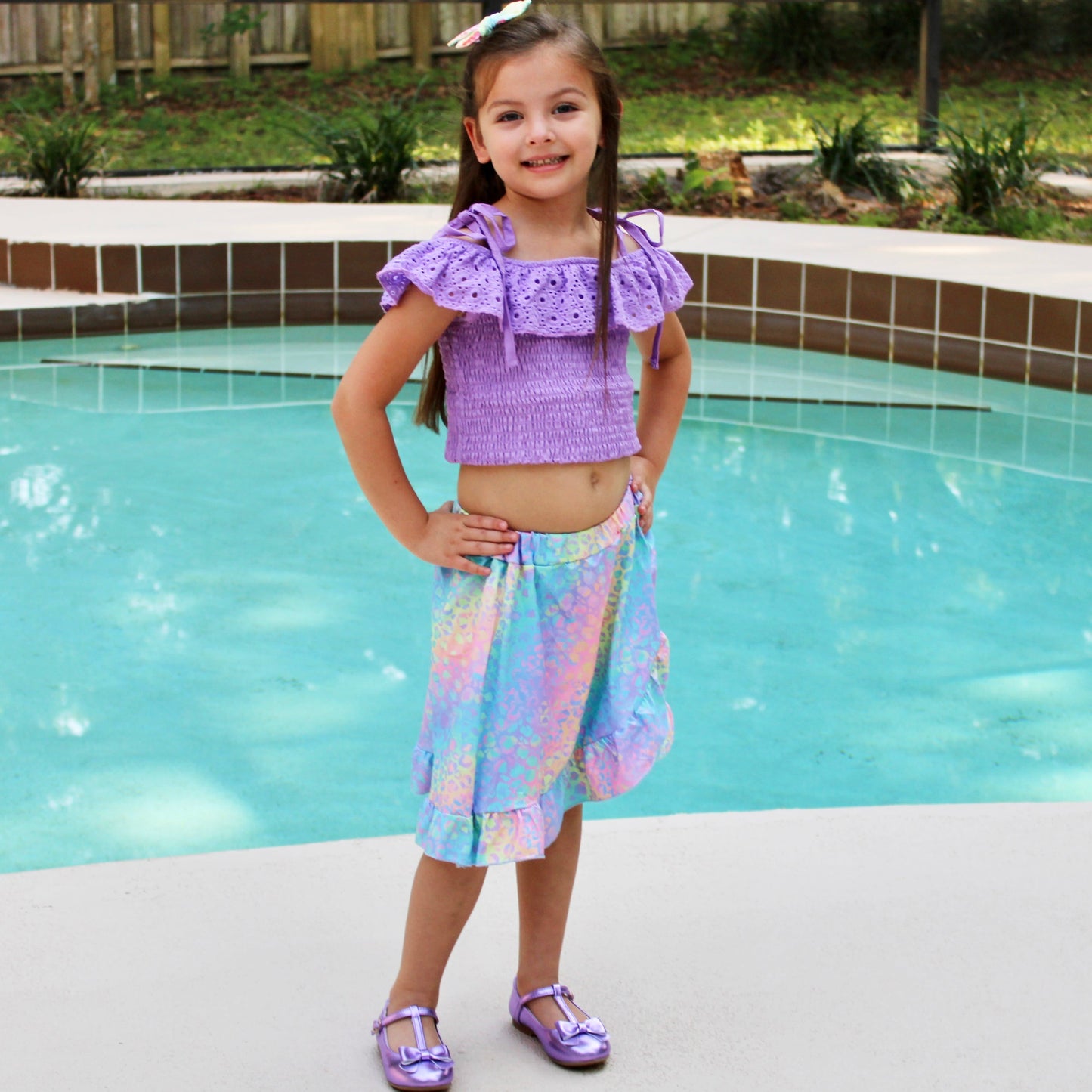 AL Limited Little & Big Girls Purple Eyelet Smocked Top and Tie Dye Skirt