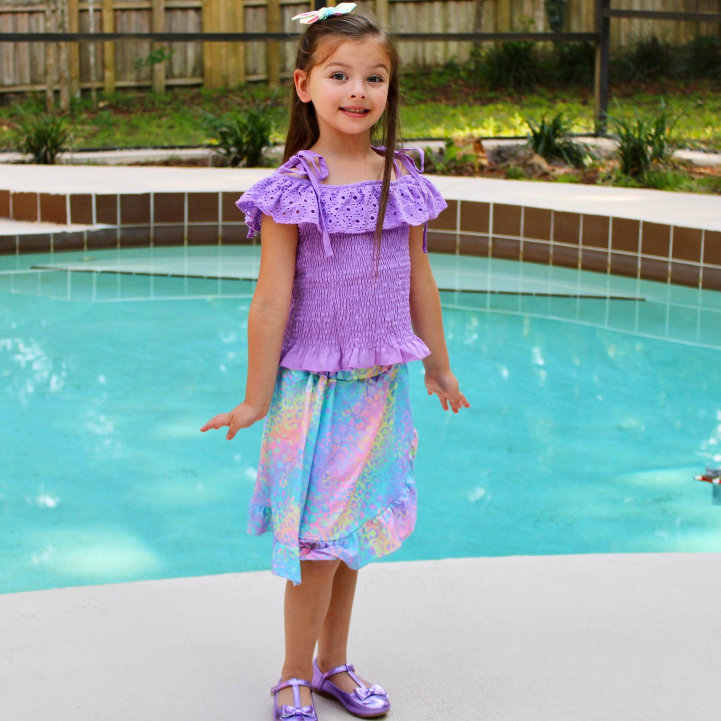 AL Limited Little & Big Girls Purple Eyelet Smocked Top and Tie Dye Skirt