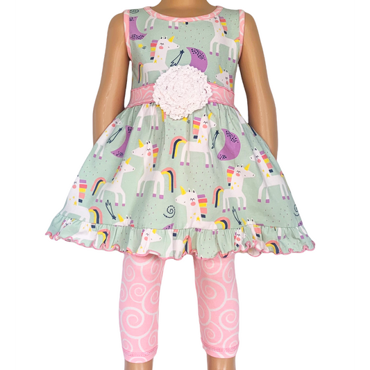 AnnLoren Girls Unicorns Rainbow Dress & Pink Swirl Leggings Outfit