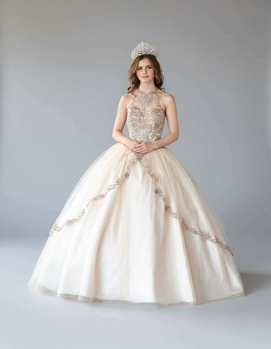 Voluminous multi-layered tulle skirt on the Calla Collection SYL-19016 pageant gown flowing into a graceful sweep train
