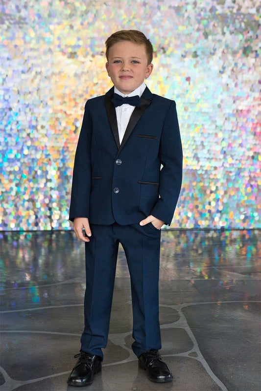 Calla Collection T-4006 boys tuxedo set featuring a structured suit jacket and bow tie