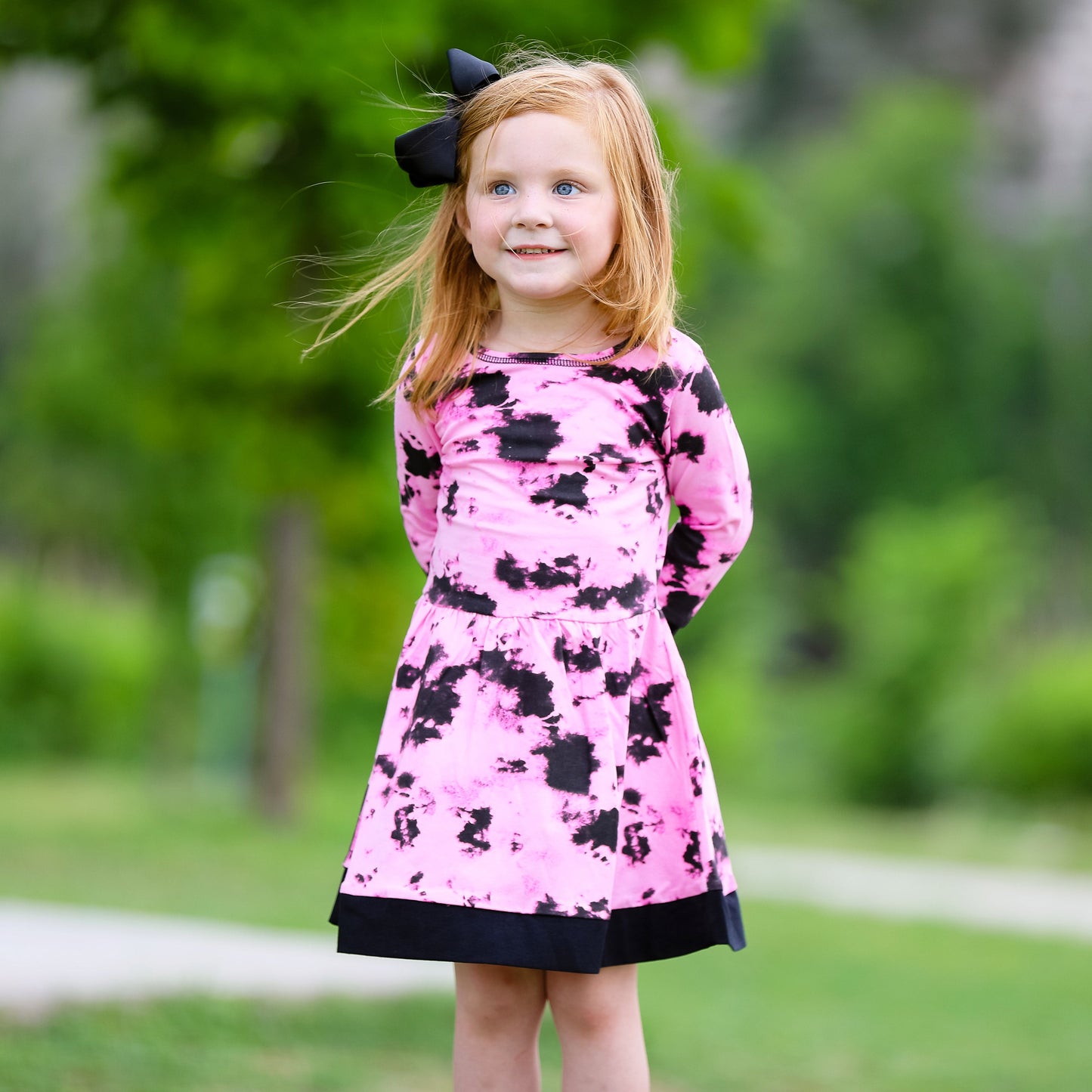 AnnLoren Girls Boutique Pink Black White Tie Dye Long Sleeve Cotton Dress
