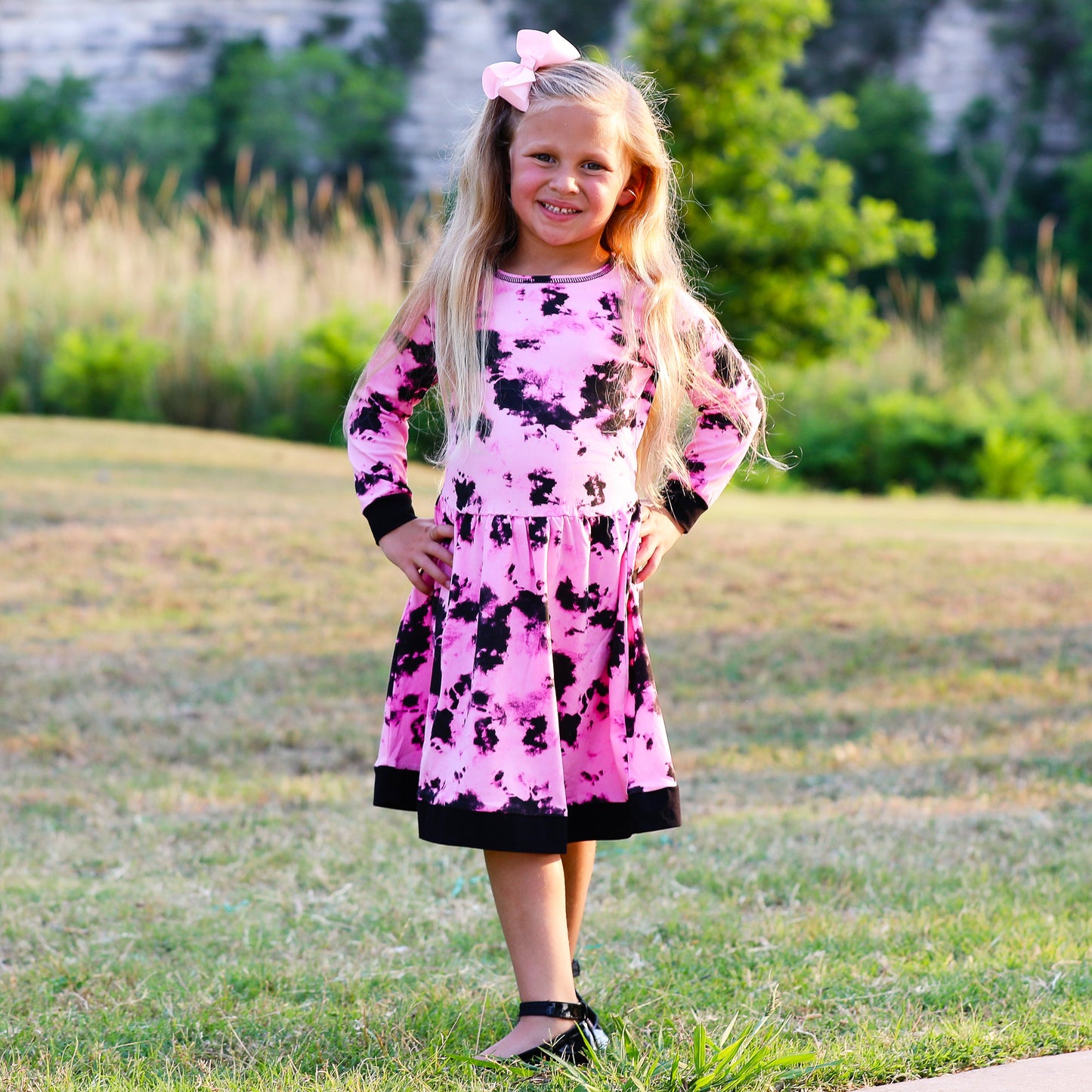 AnnLoren Girls Boutique Pink Black White Tie Dye Long Sleeve Cotton Dress