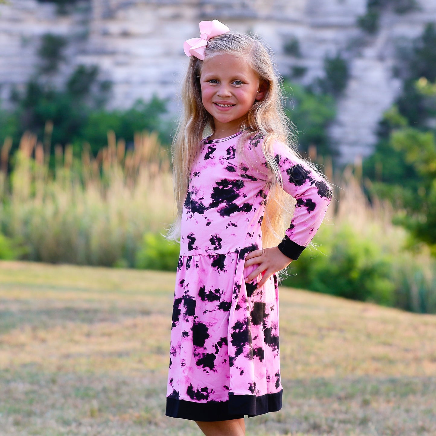AnnLoren Girls Boutique Pink Black White Tie Dye Long Sleeve Cotton Dress