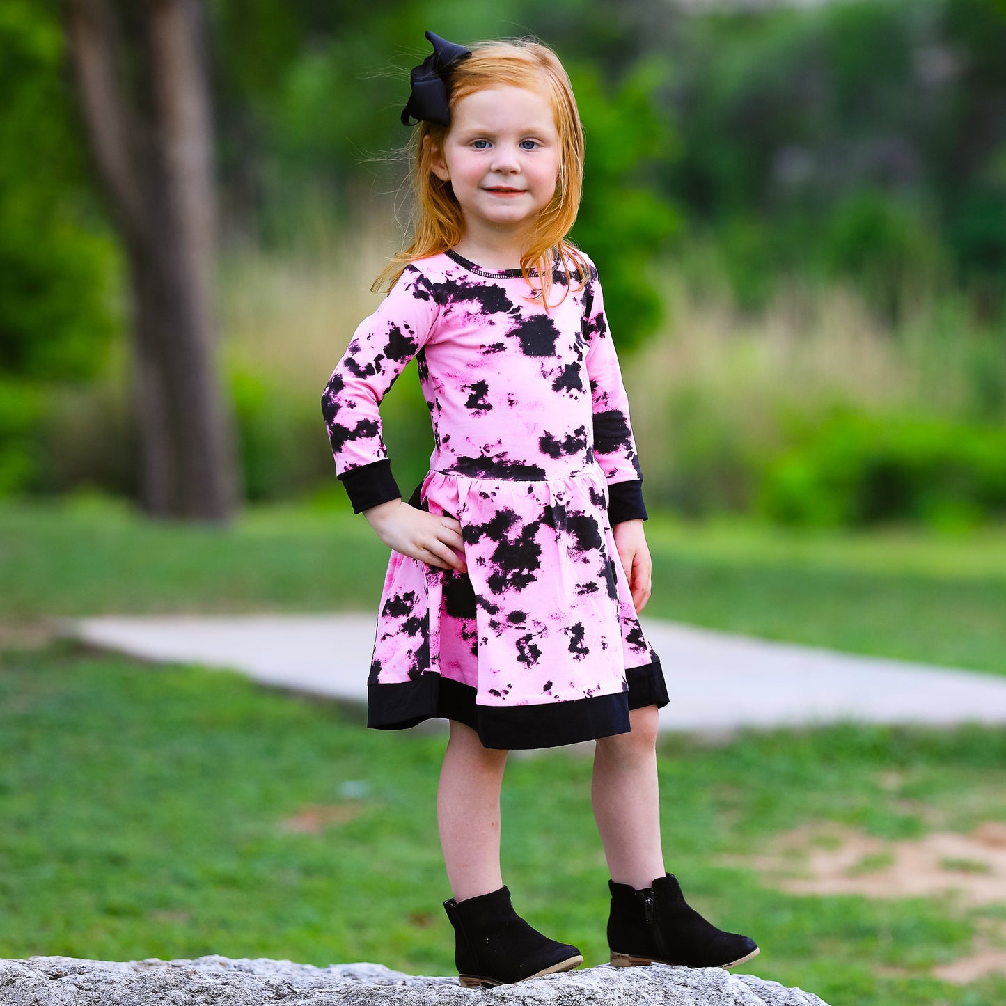 AnnLoren Girls Boutique Pink Black White Tie Dye Long Sleeve Cotton Dress