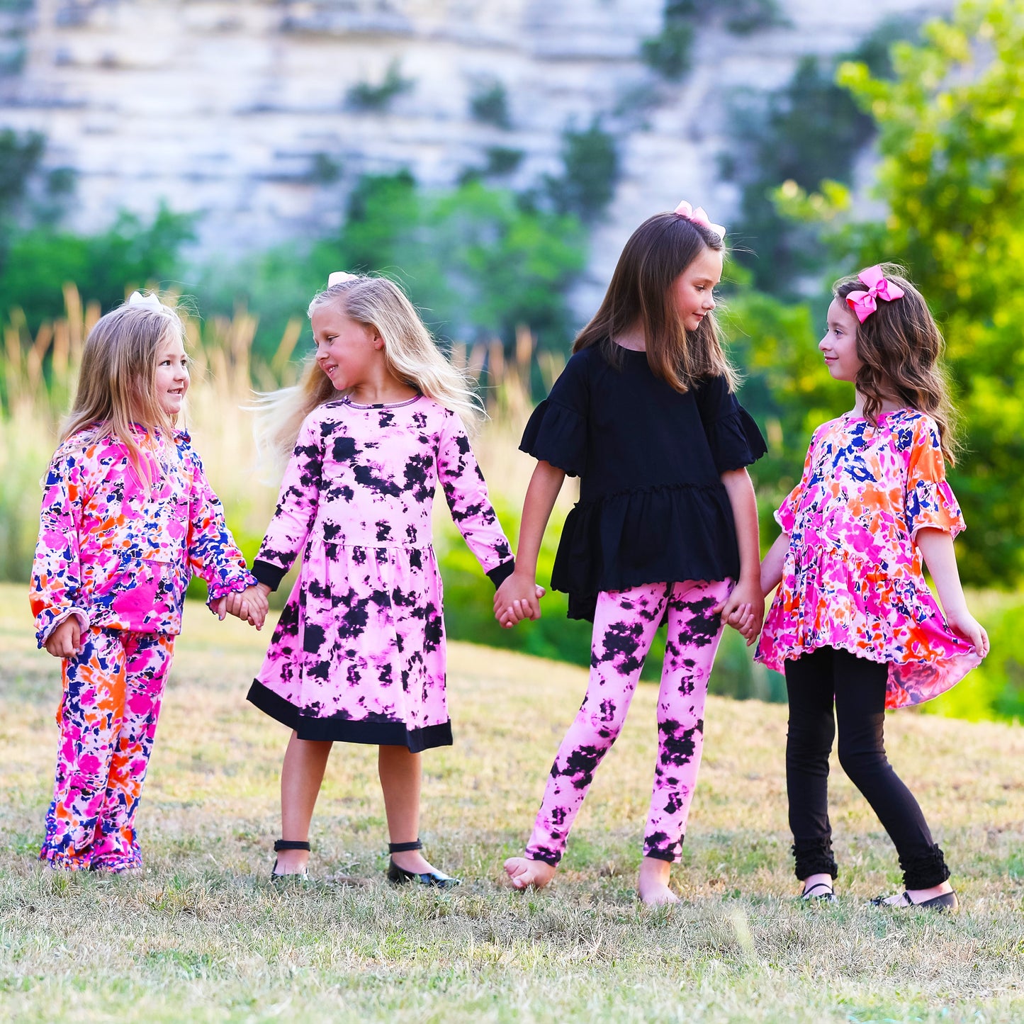 AnnLoren Girls Boutique Pink Black White Tie Dye Long Sleeve Cotton Dress