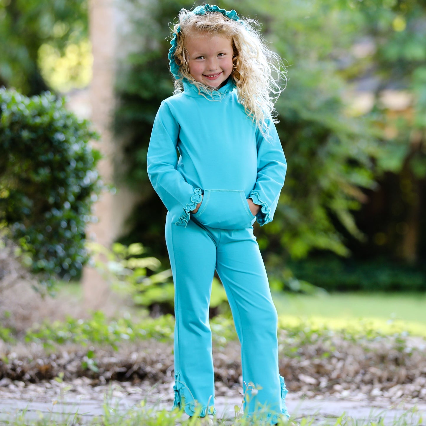 AnnLoren Girls Blue Ruffle Hoodie 2 Pc Fashion Track Suit