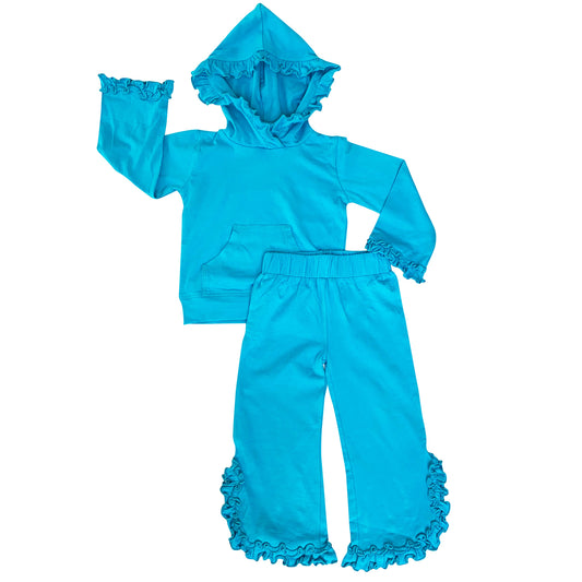 AnnLoren Girls Blue Ruffle Hoodie 2 Pc Fashion Track Suit