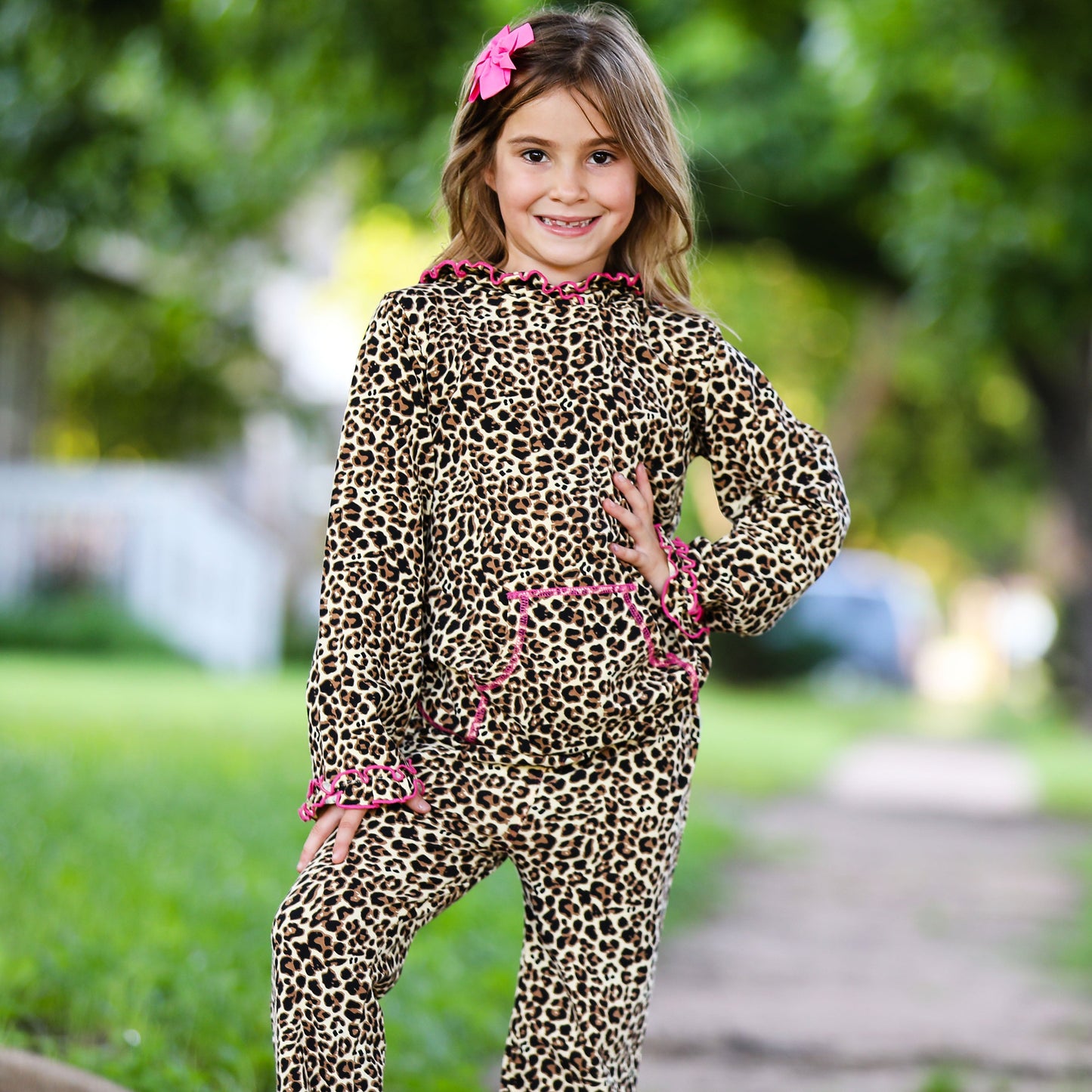 AnnLoren Girls Leopard Ruffle Hoodie 2 Pc Fashion Track Suit