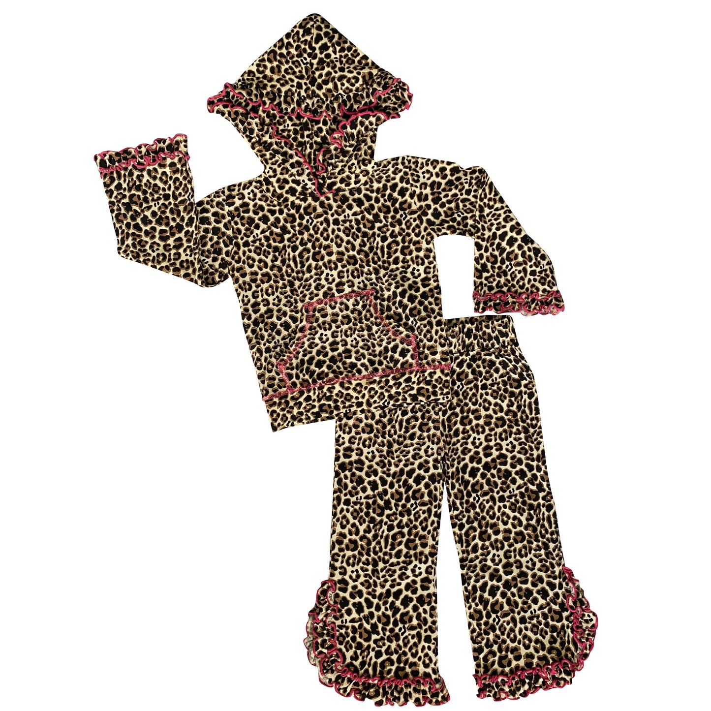 AnnLoren Girls Leopard Ruffle Hoodie 2 Pc Fashion Track Suit