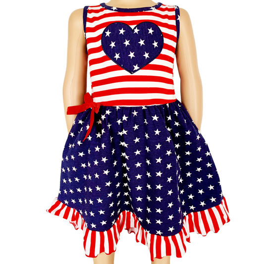 AnnLoren Girls 4th of July Stars & Striped Heart Dress Red White & Blue