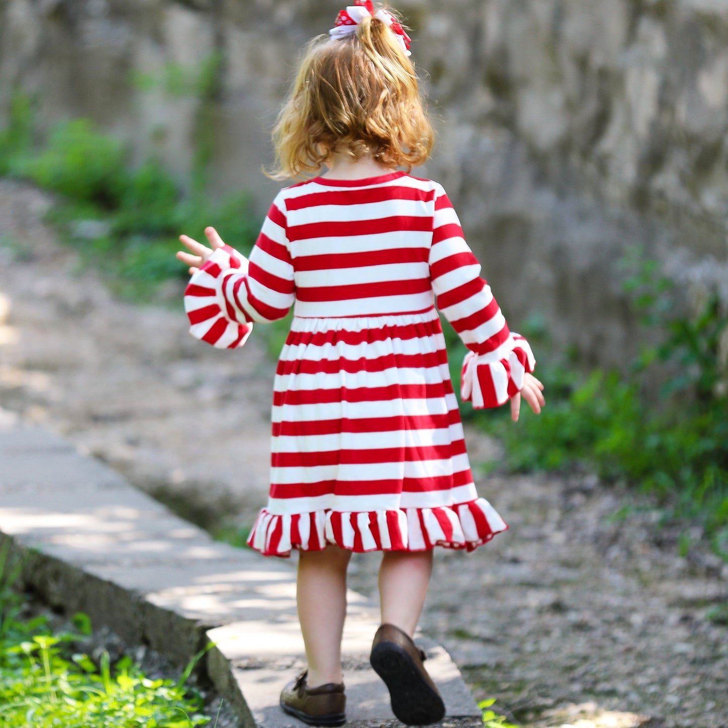AnnLoren Girls Boutique Red Stripe Christmas Rudolf the Reindeer Swing Dress