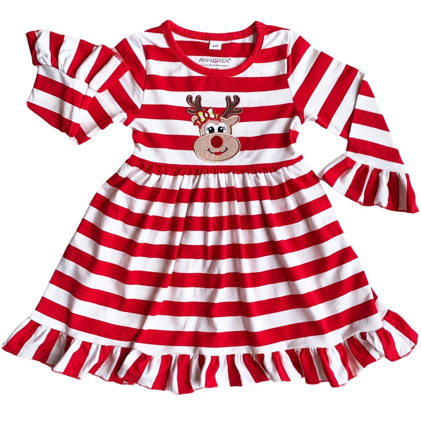 AnnLoren Girls Boutique Red Stripe Christmas Rudolf the Reindeer Swing Dress