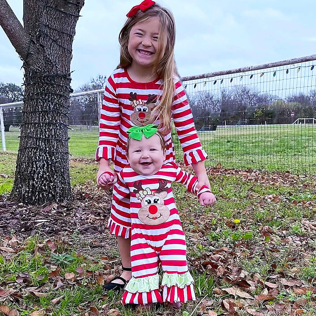 AnnLoren Girls Boutique Red Stripe Christmas Rudolf the Reindeer Swing Dress