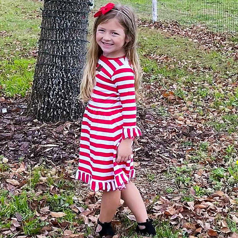 AnnLoren Girls Boutique Red Stripe Christmas Rudolf the Reindeer Swing Dress