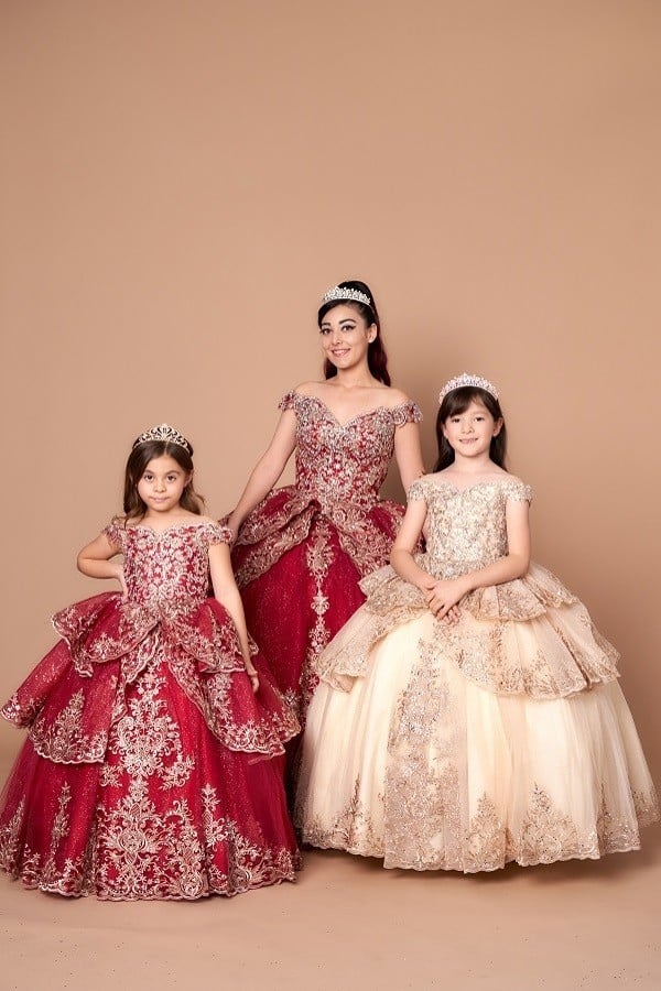 Calla Collection WB-102 girls special occasion gown showcasing a structured front bodice and clean neckline layout.