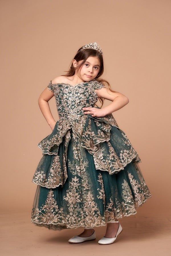 Symmetrical frontal view of the Calla Collection WB-102 gown highlighting the tailored torso panels and wide sweeping skirt.