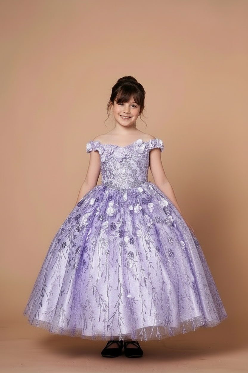 Calla Collection WB-103 big girls special occasion gown showcasing a classic off-the-shoulder neckline and structured bodice frame.