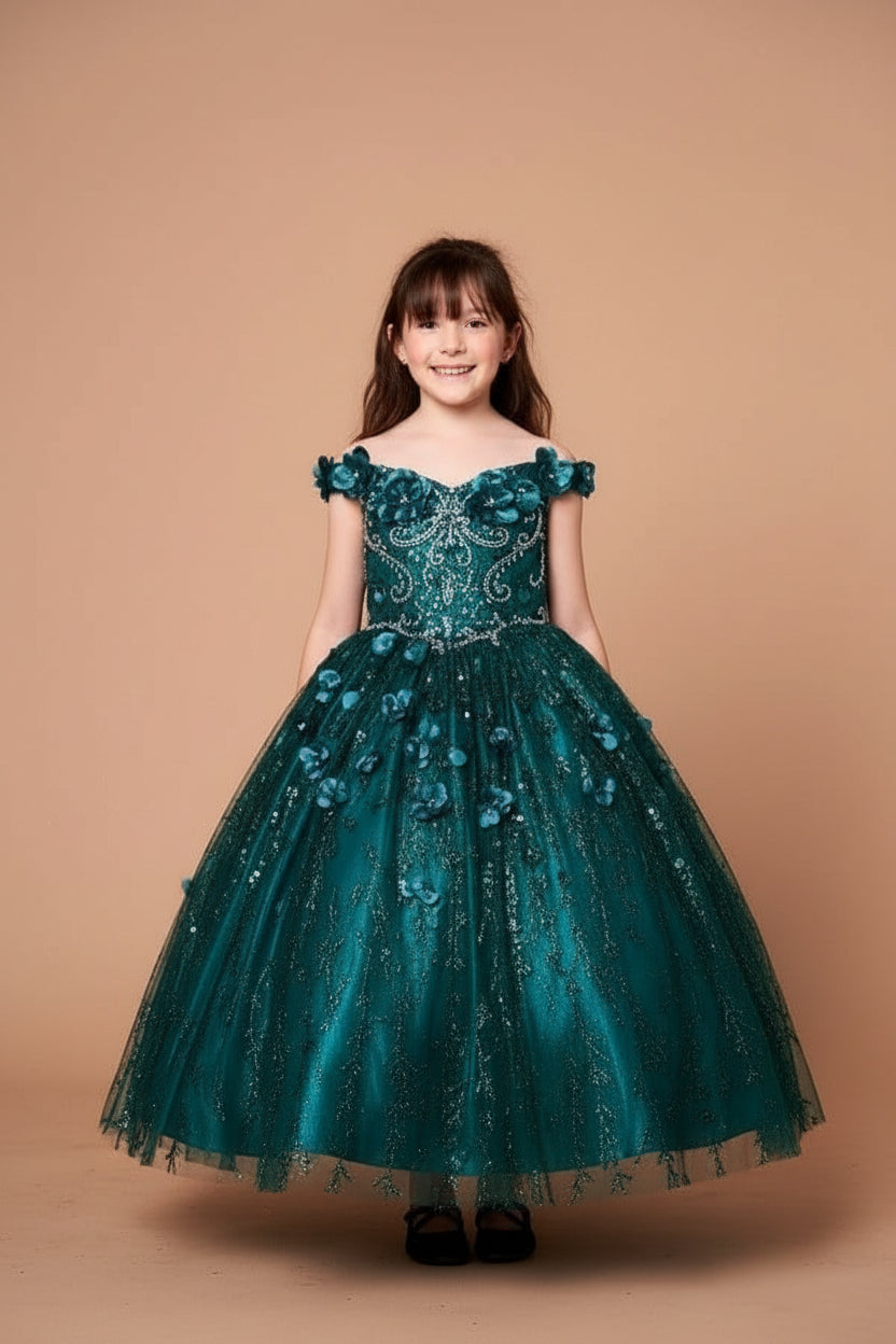 Breathtaking floor-length ball gown skirt displaying the high-density glitter and flower designs of the Calla Collection WB-103 gown.