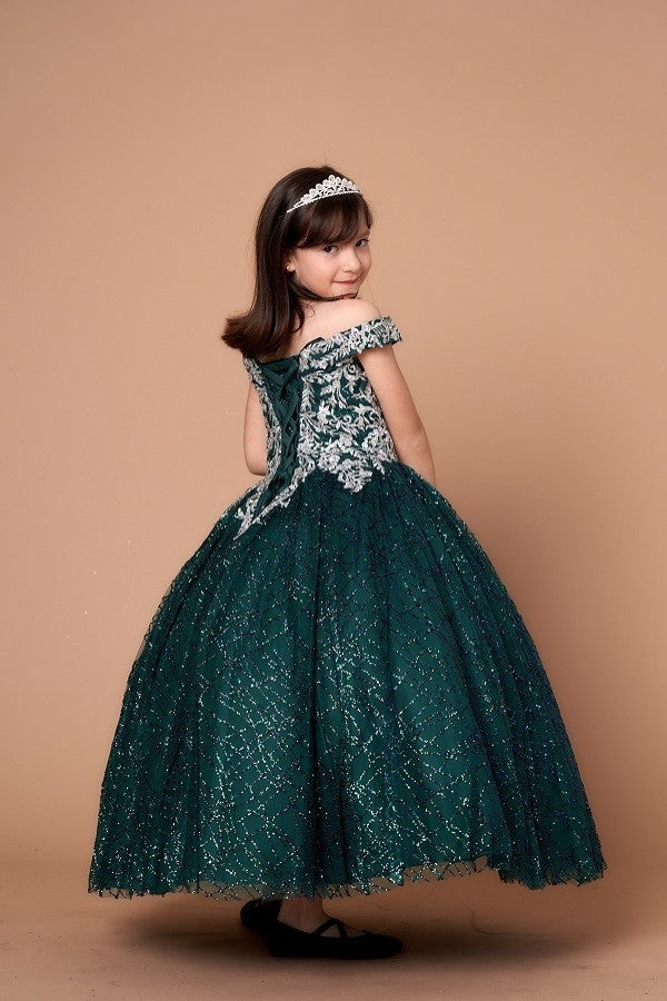 Symmetrical frontal view of the Calla Collection WB-104 gown highlighting the tailored torso panels and wide sweeping skirt.