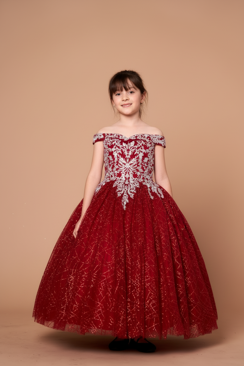 Calla Collection WB-104 Girls Off-Shoulder Shiny Tulle Gown